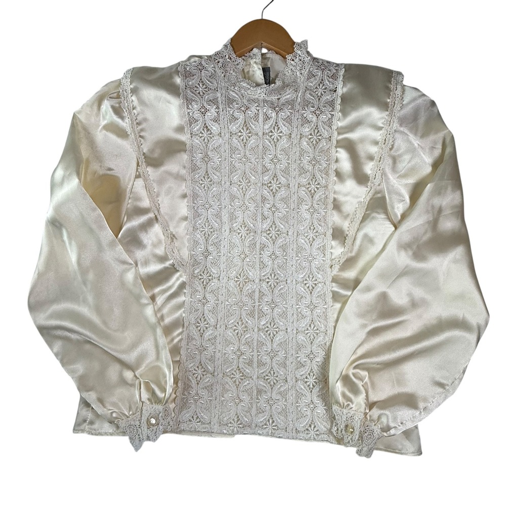 Vintage Sonya Ratay‎ San Andre Cream Lace Trim High Neck Puff Sleeve Blouse USA